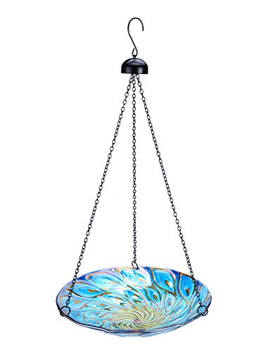 Hanging Glass Bird Bath Peacock Outdoor Birdfeeder Garden Yard Decor | 11-inch Hanging glass bird bath for outdoor bird drinking and bathing creating a beautiful backyard wildlife habitat - color: blue