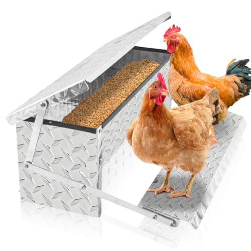 ‎Fsehyue Automatic Chicken Feeder Chook Food Feeder Capacity Treadle Self Opening Pou with Weatherproof Lid Rain Cover for Roosters Pheasant Chicken Outdoor Coop Silver Full Aluminum(11lbs/5000g)