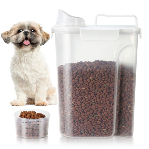 TBMax Dog Food Storage Container 5-7 lbs, Airtight Cat Food Container with Larger Spout & Measuring Cup, Portable Pet Food Storage Dispenser for Small Animal Kibble Storage, Bird Seed Container - color: White, size: 6 Qt
