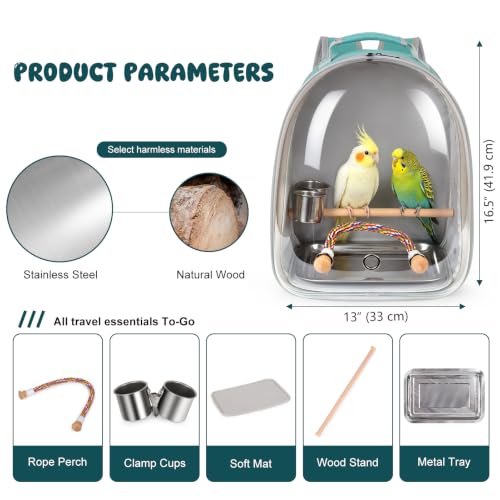 Bird Traval Carrier Cage, Multi Vent Holes Clear Space Capsule Astronaut Backpack to Carry Parakeet Cockatiel Parrot with Metal Tray Wood Perch, Vet Transport Book Bag - color: Green
