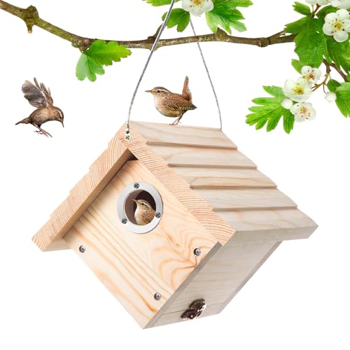 Dreyoo 1 Pack Wren House, 1-1/8'' Entrance Hole Hanging Wooden Wren Bird Houses for Outside with Metal Guard, Air Vents, Pine Wood for Chickadees (Wood) - color: Wood
