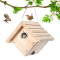 Dreyoo 1 Pack Wren House, 1-1/8'' Entrance Hole Hanging Wooden Wren Bird Houses for Outside with Metal Guard, Air Vents, Pine Wood for Chickadees (Wood) - color: Wood