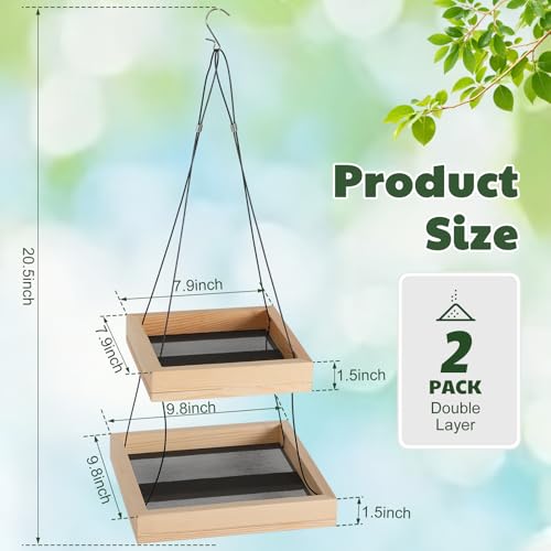 2 Pack Bird Feeder Platform 2 Tier Large Bird Feeder for Outdoors 10 Lbs Capacity in Total Natural Wood Hanging Tray for Garden Yard Outside Decoration Attracting for Wild Birds