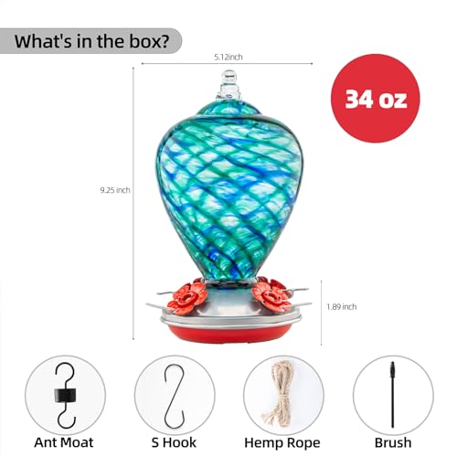 2 Packs Hummingbird Feeder for Outdoors Hanging Ant and Bee Proof, 34OZ 32OZ Hand Blown Glass Hummingbird Feeders for Outside (Blue & Flame) | LaElvish Garden 2 Packs Hummingbird Feeder for Outdoors Hanging Ant and Bee Proof, - color: Blue & Flame