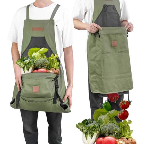 Berry&Bird Harvest Apron, Canvas Gardening Apron with Pockets and Harvesting Pouch Waterproof Harvesting Apron - color: Green
