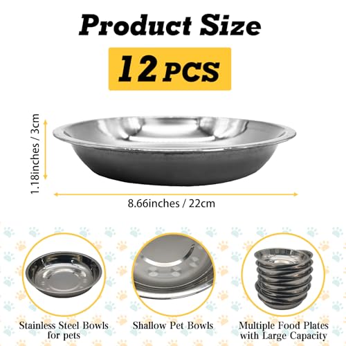 Hamiledyi 12 Pcs Stainless Steel Cat Bowls Shallow Metal Pet Dishes Large Cat Feeding Plate Replacement Whisker Fatigue Kitten Food Bowl for Dogs Cats and Other Small Animals (8.67 Inch Diameter)