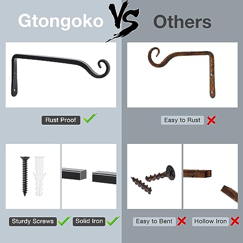 Gtongoko 10" Heavy Duty Outdoor Plant Hanger Wall Bracket, 2 Pack | 48lb Capacity,Rust-Resistant Finish,Easy Installation,Fit Hanging Baskets,Ideal for Bird Feeders & Lanterns - size: 10 Inch, style: L-shape
