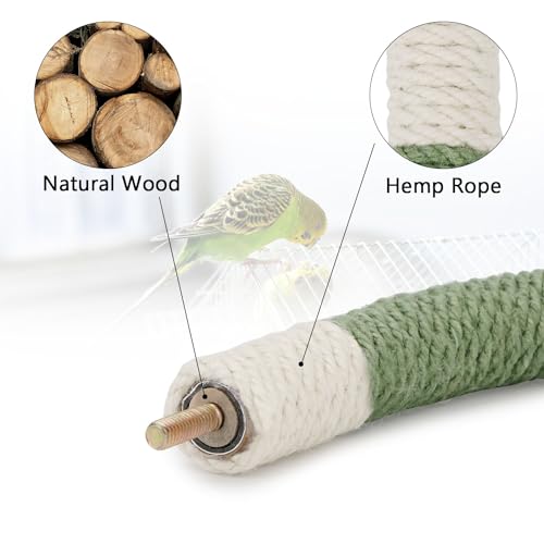 Hypeety U Shape Bird Hemp Rope Perch Parrot Cage Paw Grinding Stick Stand | U shape, natural wood with hemp rope, grinding paw naturally, birdcage accessories, for budgies/cockatiels/conures, green, L