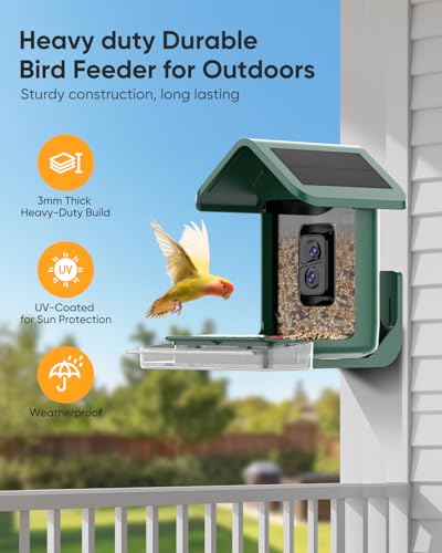 Bird Feeder with Camera Solar Powered: Smart Hummingbird Feeder for Backyard Tree - 2K Live AI Identify Auto Capture Bird Video - WiFi Bird Watching Feeders Gift for Mom Dad - color: deep green