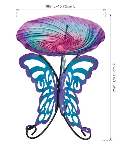 Regal Art & Gift Glass Bird Bath with Metal Stand, Outdoor Garden Decor | Butterfly, 18 in Bowl, 25 in Tall, Metal & Glass, Easy to Fill, Weather-Resistant Decor for Patio, Porch & Garden - color: Butterfly