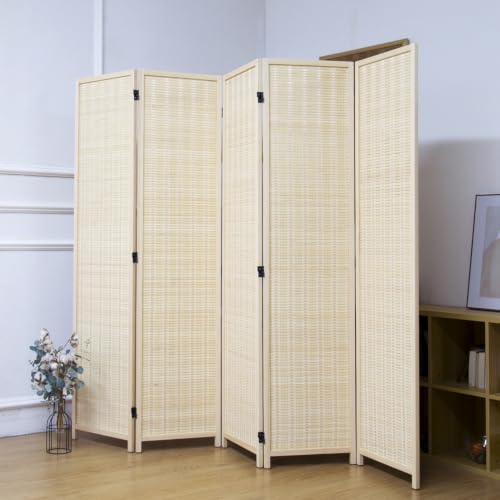 5 Panel Bamboo Room Divider, 5.6 ft Tall Folding Privacy Screen, Freestanding Room Partition Wall in Natural Beige for Home & Office and Room Separation (67" H x 76.8" W) - color: Beige, size: 5 Panel