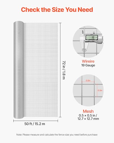 VEVOR Hardware Cloth, 1/2 inch 72 inch x 50 ft 19 Gauge Chicken Wire Fence, Hot-Dip Galvanized After Welding Metal Wire Mesh Roll, Garden Plant Welded Fencing Roll Supports Poultry Netting Cage Fence - size: 1/2 inch 72 inch x 50 ft
