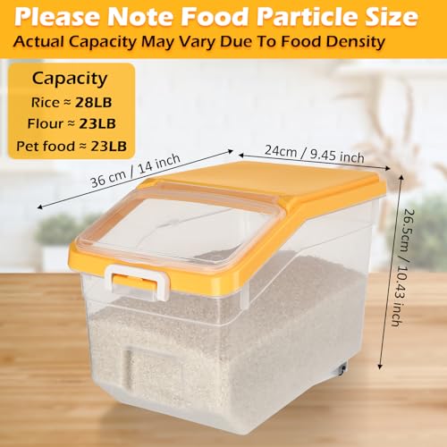 4 Pcs Rice Storage Container 28 lb Airtight Flour Container with Wheels Measuring Cup Clear Pet Dog Birds Cat Food Bin Grain Cereal Organizer Box for Dry Baking Supplies(Yellow Lid) - color: Yellow Lid, size: 28 lb