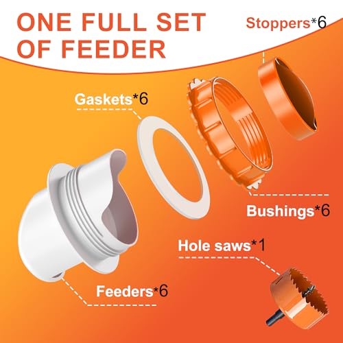 No Waste Chicken Feeders, DIY Automatic Poultry Feeder - 6 Ports Orange | Buckets Barrels Bins Troughs‑mountable Design for common Breeds of Chicken Flock with Hole Saw - size: 6 Ports