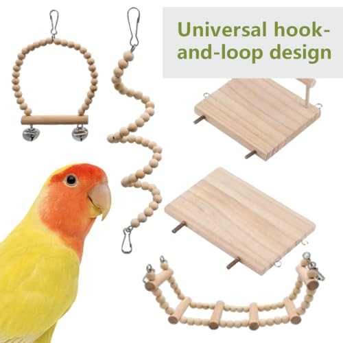 Bird Perch Platform with Mirror, Wooden Climbing Ladder(with Mirror) | Swing Toys with Hanging Chewing Balls,Parrot Cage Accessories - color: Mirro