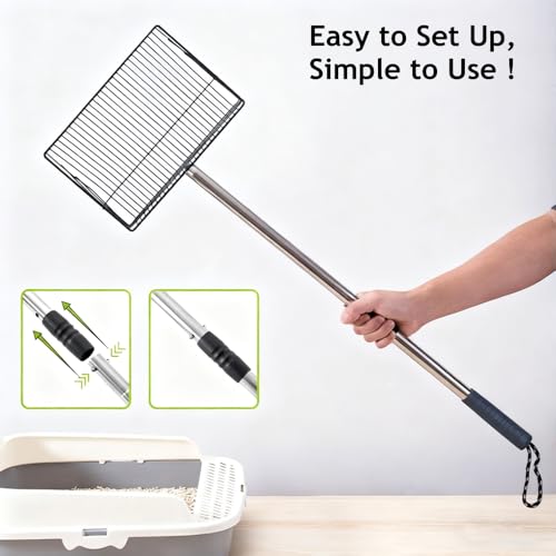 Chicken Poop Scooper, 10inch Stainless Chicken Coop Scoop for Sand with 36-66inch Adjustable Handle, 2-in-1 Metal Scooper Heavy Duty Litter Sifting Shovel Chicken Coop Accessories