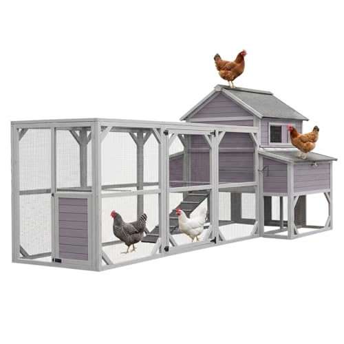 Extra Large 120" L Chicken Coop for 8-10 Chickens, Wooden Chicken House with Run, 6 Nesting Boxes, Heavy Duty Construction, Waterproof Roof, Predator Resistant Outdoor Poultry Cage-Grey - color: Grey (AIR46-M)