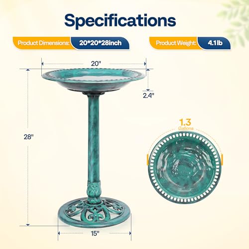 VIVOHOME Bird Bath for Outside, Polyresin Pedestal Birdbath, Green | Weather-Resistant, 20-Inch Bowl, 28-Inch Height, for Outdoor/Garden, Bird-Friendly, Easy to Clean - color: Green