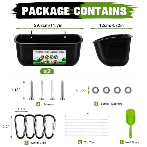 Chicken Feeder Waterer, 2 Pack Hanging Fence Trough, 5 Quart Total Capacity Plastic Feeder with Clips & Screws for Chicken, Duck, Goat, Sheep, Piglet, Dog and Poultry Livestock (Black 2pcs) - color: Black 2pcs