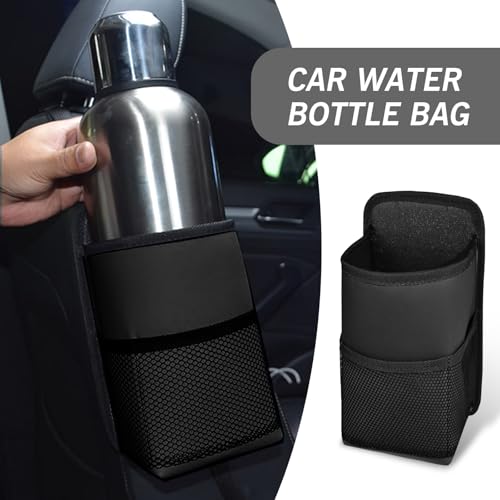 1 PC Car Water Bottle Bag, 9.8" x 5.51" Adjustable Strap Microfiber Leather Seat Side Hanging Large Capacity Cup Bag with Storage Net Pocket, Auto Multifunctional Accessories (Black)