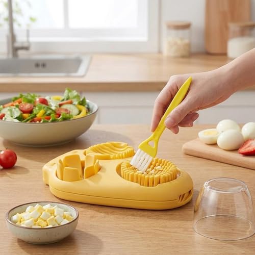Egg Cutter, 2 Piece Set in Yellow 3 in 1 Hard Boiled Egg Slicer and Dicer with Cleaning Brush, Kitchen Tool for Quick Meal Prep and Snack Preparation