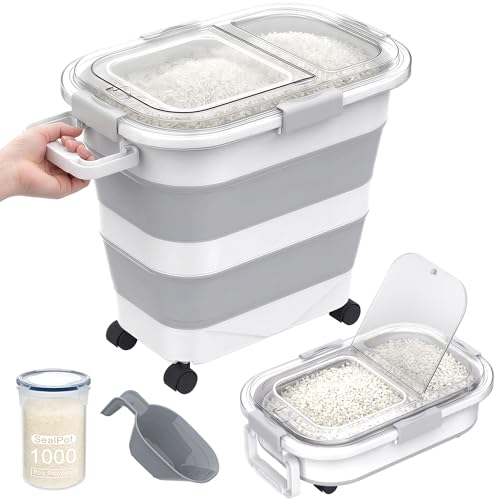 HOYTAMDA 25-35Lbs Rice Container,Collapsible Food Storage Container Wheels | Rice Storage Container with Transparent Airtight Lid,Handle,Small Bin&Scoop,Rice Dispenser for Flour Sugar Grain Dog Cat - color: Clear/25-35lbs