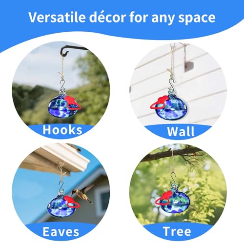 Pozfun Small Hummingbird Feeders for Outdoors Hanging,Hand-Blown Glass Hummingbird Feeder with Silicone Feeding Perch,Never Leak,Gardening Gifts for Woman Man - color: Dotted Blue