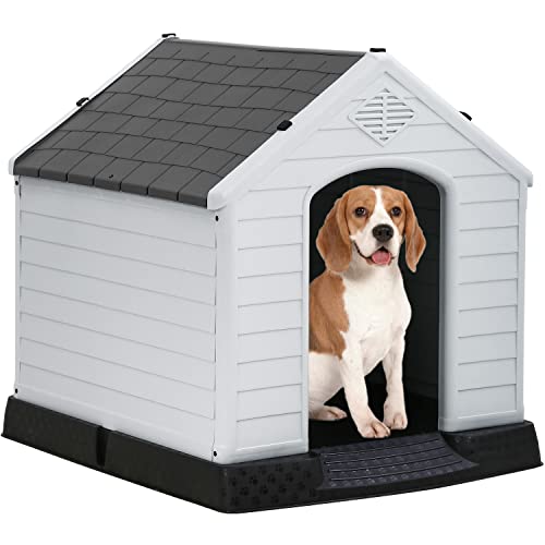 FDW Dog House Indoor Outdoor Durable Ventilate Waterproof Pet Plastic Dog House for Small Medium Large Dogs Insulated Puppy Shelter Kennel Crate with Air Vents and Elevated Floor - style: Grey
