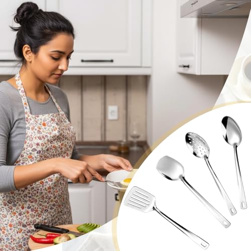 Zhehao 4 Pcs Stainless Steel Cooking Utensils Set Heat Resistant Stainless Steel Spatula Set, Include Slotted Turner Solid Turner Kitchen Skimmer Ladle Spoon with Long Handle, Dishwasher Safe, Silver