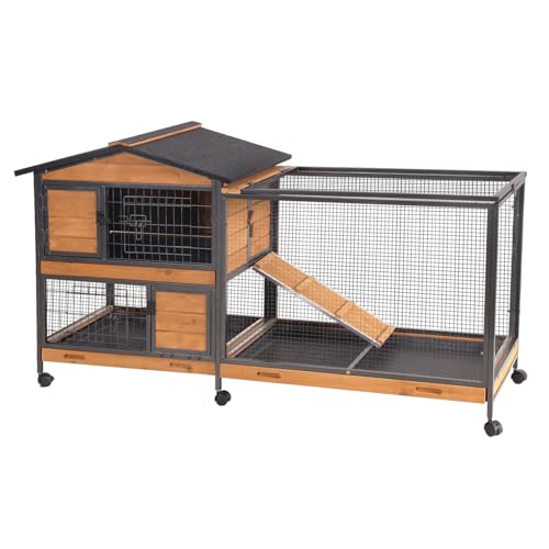 Rabbit Hutch Bunny Cage Strong Iron Frame Rabbit Cage Indoor and Outdoor Chicken Coop with Casters Waterproof Roof, Great for Rabbit,Bunny,Guinea Pig,Chickens. - size: 60.8"L x 22.6"W x 33.2"H