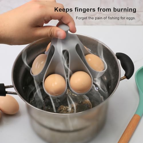 Silicone Egg Boiler Rack for Hard Soft Boiled Eggs, Food Grade Silicone Egg Boiler Cooker with 6 Holders, Kitchen Gadget for Cooking/Serving Eggs with Handle, Dishwasher Safe