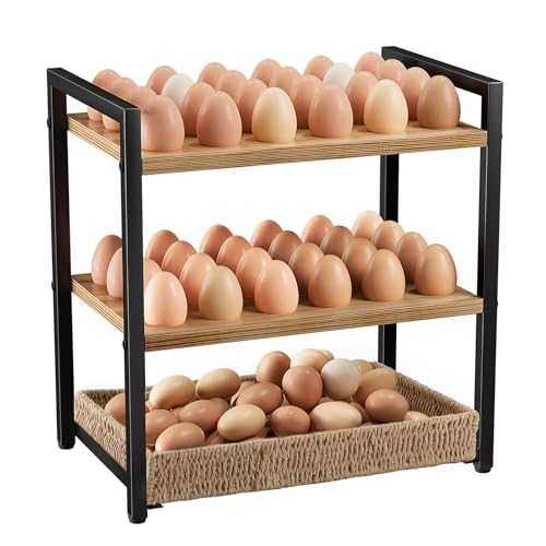 Nuovoware Wooden Egg Holder Countertop, 3-Tier Egg Basket | For 48+60 Eggs, Carry Handle Gathering 100+, Kitchen Storage Home Farmhouse Decor