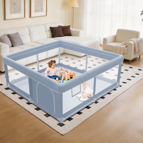 XVISHX 50 x 50 Inch Baby Playpen, Playpen for Babies and Toddlers, Baby Play Pen Playard for Indoor & Outdoor Active Center Game Fence, with Skin-Friendly Fabric and Soft Breathable Mesh, Grey - size: 50 × 50 Inch