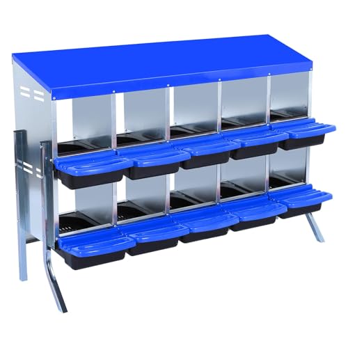 GarveeHome 2-Tier Chicken Nesting Box, 10 Compartment Metal Chicken Laying Boxes with Waterproof Roof ＆ Removable Trays for Hens, Poultry，Easy Egg Collection - color: Blue, size: 53.5"L x 16.9"W x 26.6"H