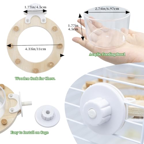Bird Cage Accessories, Transparent Acrylic Feeding Bowl with Wooden Frame & Chewable Cork, Bird Cage Feeder for Budgies, Cockatiels, Lovebirds, Canary and Other Small Birds