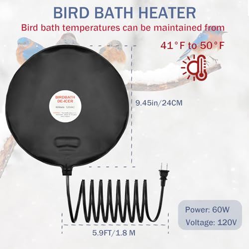 Bird Bath De Icer 60w Deicer 9.45-inch Submergible Utility with Thermostatic Controller in Winter for Chicken Livestock Animals Waterer Farm Trough