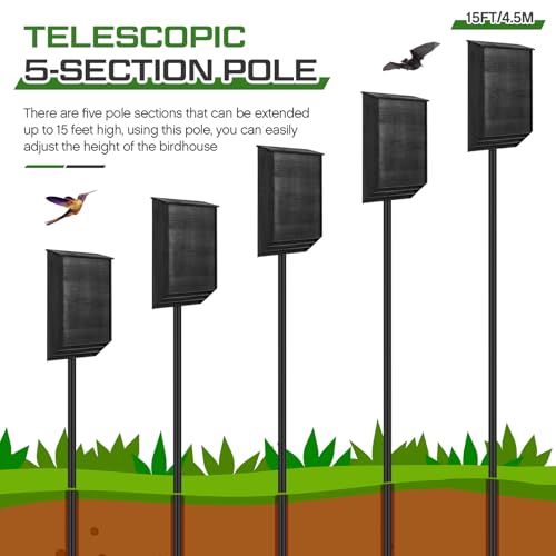 Yaocom 2 Pack 15FT Telescoping Bat House Poles Aluminum Adjustable Purple Martin House Pole with Ground Socket Heavy Duty 5-Section Pole Kit Bird Feeder Accessories for Outdoor Wildlife Nest