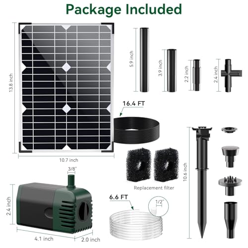 Solar Water Pump Fountain,20W Solar Fountain Pump 320GPH Solar Powered Water Pump with Adjustable Flow, PVC Tubing and 16.4ft Cord Length for Ponds, Garden, Waterfall, Fish Pond - size: 20W