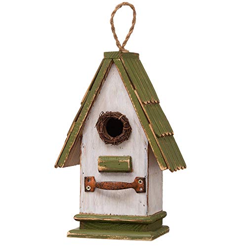 Glitzhome 10.25" L Hanging Birdhouse Green White Roof Wooden Garden Bird House for Outdoor - color: Green White