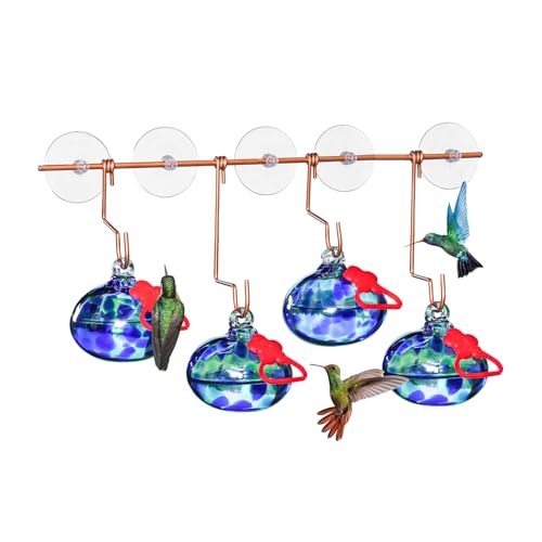 Pozfun Set of 3 Hummingbird Feeders for Outdoors Hanging,Hand-Blown Glass Hummingbird Feeder with Silicone Feeding Perch,Never Leak,Gardening Gifts for Woman Man - color: Dark Blue