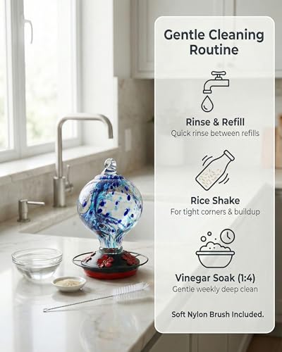 Hummingbird Feeder for Outdoors Hanging, 34 Oz, Handcrafted Gift Inner Glass Décor for Bird Garden Lover, Ant Moat & Bee-Resistant Ports, Hook & Brush Included, Ocean Blue - color: Ocean Blue