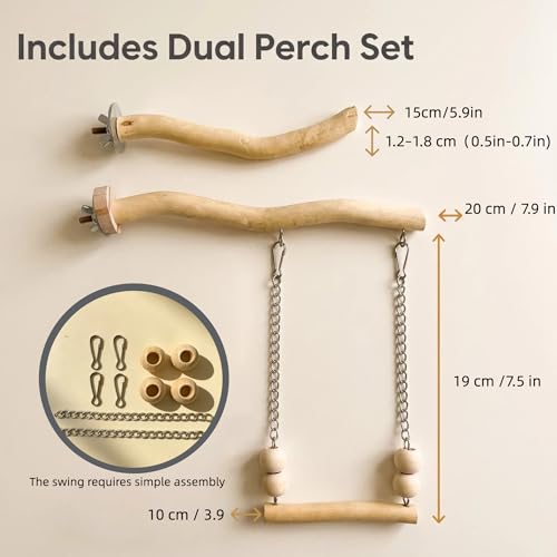 Bird Perch and Swing Set for Small Birds, Natural Wood Cage Accessories | 2-in-1 Integrated Perch with Hanging Swing for Budgies, Parakeets, Cockatiels & Lovebirds, Encourages Climbing & Activity - size: Short