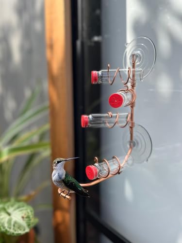 Window Hummingbird Feeder | Handcrafted Copper and Aluminum | Multiple Stations | Modern Hummingbird Feeder | Glass Bottles | Suction Cups (Copper, Four Station) - size: Four Station - Standard Perch