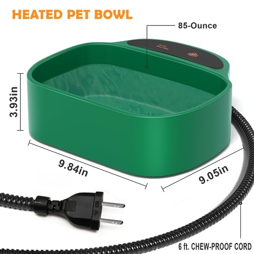 Heated Water Bowl With Chew-Proof Cord - 85-Ounce Outdoor Thermal Bowl for Dog, Cat, Chicken - 35-Watt, Green