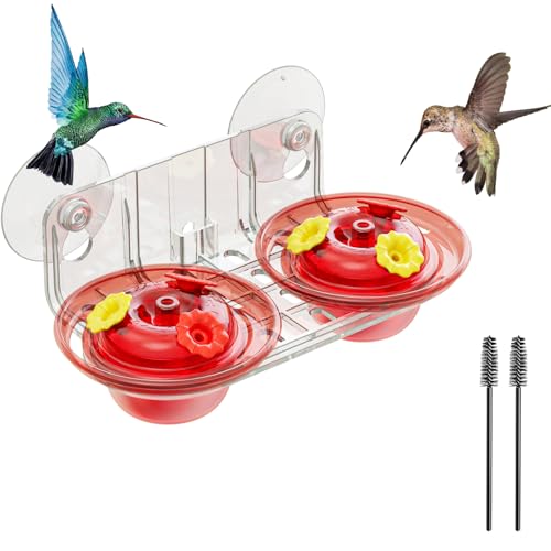 Window Hummingbird Feeder with Strong Suction Cups, 2 Pack 2.6 oz Small Hummingbird Feeder for Outside Window, Easy to Clean & Refill, Bee Resistant Feeding Ports for Bird Watching (Red)