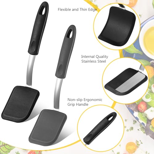 Silicone Cookie Spatula Turner 2 Pack Mini Brownie Spatula Flexible Kitchen Small Silicone Turner for Nonstick Cookware Heat Resistant No Scratch Flipper for Egg(Solid Flat,Black, Grey) - color: Black, Grey