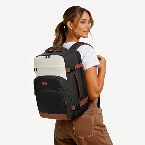 30L Travel Backpack for Women & Men: Flight Approved Carry On Backpack, TSA Personal Item Bag with Water Bottle Pocket, Weekender Essentials Backpacks fits 15.6" Laptop - Black White Brown - color: Black White Brown, size: Large