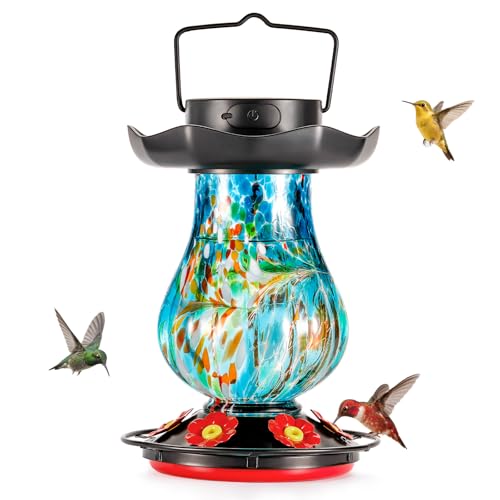 DesGully Solar Hummingbird Feeder for Outdoor - 25 fl.oz Hand Blown Glass Hummingbird Feeders for Outdoors Hanging, Large Capacity with Moat, 6 Colors Changing Light Outside Garden Decor (Blue) - color: Blue