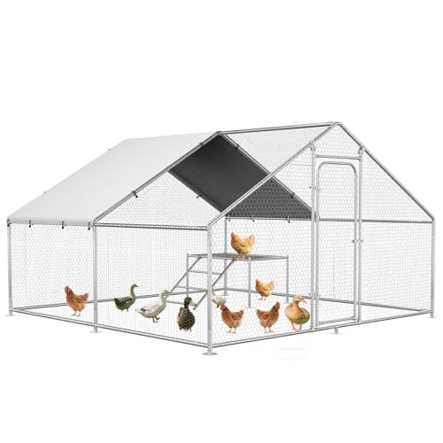Large Metal Chicken Coop with Roosting Ladder, UV-Resistant and Waterproof Cover, Outdoor Walk-in Cage Hen House for Yard Farm Rabbit Duck Chicken Run, Spire Roof (13.1'W x 9.8'L x 6.4'H)
