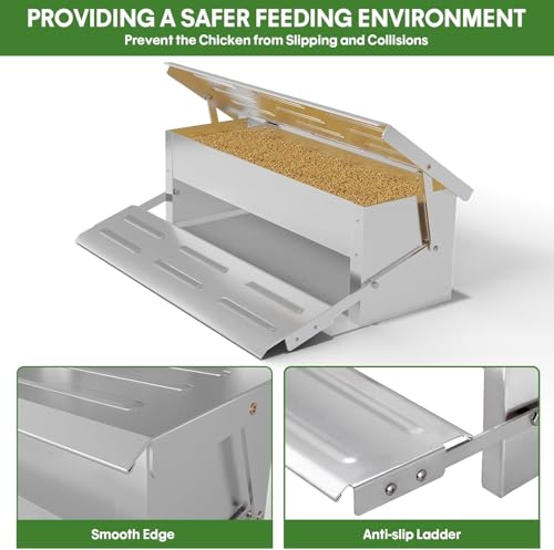 Stainless Steel Automatic Chicken Feeder, Treadle Chicken Feeder with Weatherproof Lid, No Waste Chicken Feeder, 15 lbs Poultry Feeder, for Chickens, Ducks, Fowl